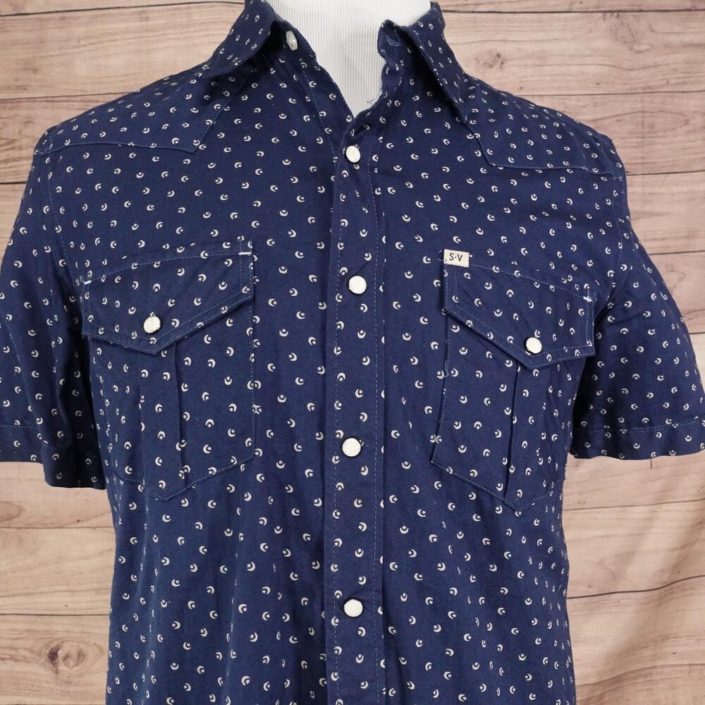 Salt‎ Valley Western Shirt Mens Medium Blue Geometric Snap Short Sleeve Casual